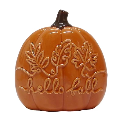 "Hello Fall" Leaf Pattern Orange Ceramic Pumpkin