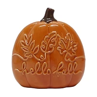 "Hello Fall" Leaf Pattern Orange Ceramic Pumpkin