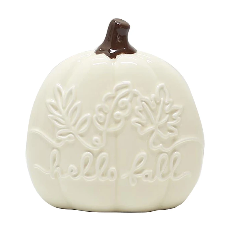 "Hello Fall" Leaf Pattern Cream Ceramic Pumpkin
