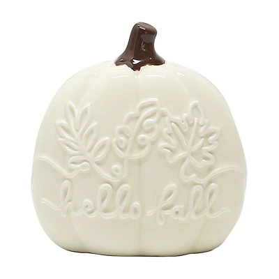 "Hello Fall" Leaf Pattern Cream Ceramic Pumpkin