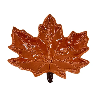 Orange & Brown Ceramic Leaf Trinket Tray, 7x1 in