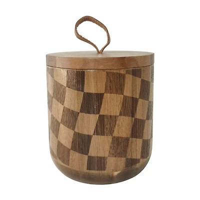 Summer Acacia Wood Checkerboard Storage Jar with Leather Handle Lid