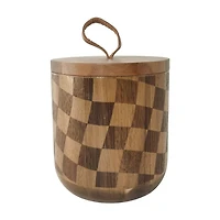 Summer Acacia Wood Checkerboard Storage Jar with Leather Handle Lid