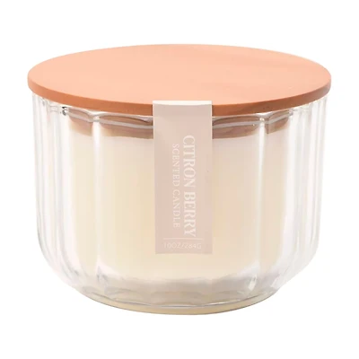 Citron Berry Scented Orange Ribbed Glass Candle with Wood Lid, 10 oz