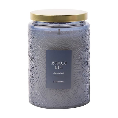 Ashwood Fig Scented Blue Glass Jar Candle with Metal Lid, 21.5 oz