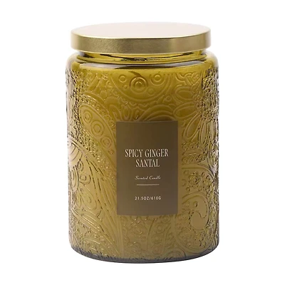 Ginger Sandalwood Scented Green Glass Jar Candle with Metal Lid, 21.5 oz