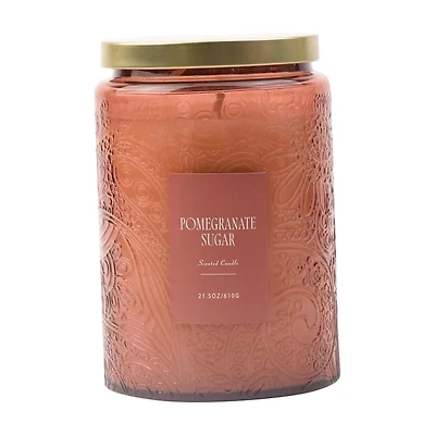 Pomegranate Sugar Scented Pink Glass Jar Candle with Metal Lid, 21.5 oz