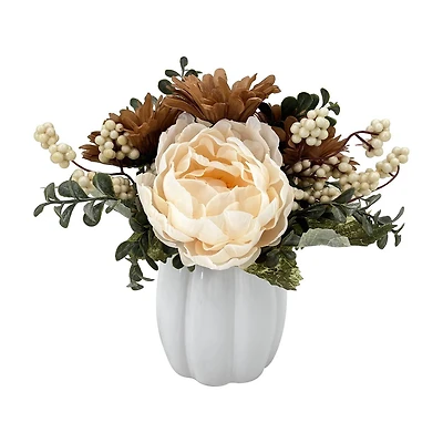 Harvest Multi-Color Floral Arrangement in a Ceramic Pumpkin Vase, 10 in