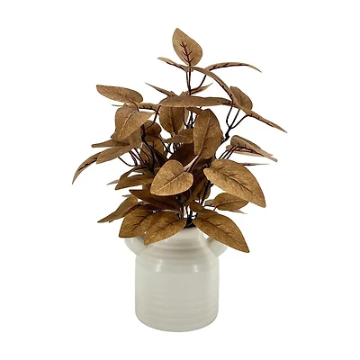 Harvest Fall Brown Faux Leaf Arrangement in Cream Ceramic Vase, 13 in