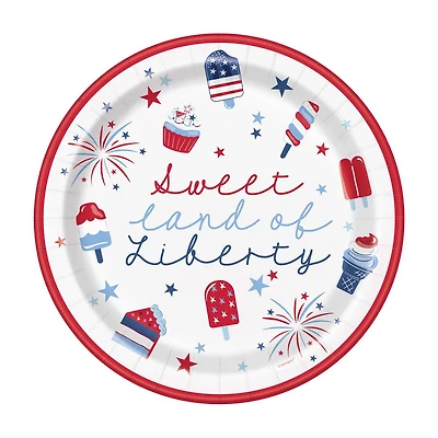 Patriotic "Sweet Land of Liberty" Red, White and Blue Round Party Plates, 9 in, 8 ct
