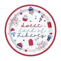 Patriotic "Sweet Land of Liberty" Red, White and Blue Round Party Plates, 9 in, 8 ct