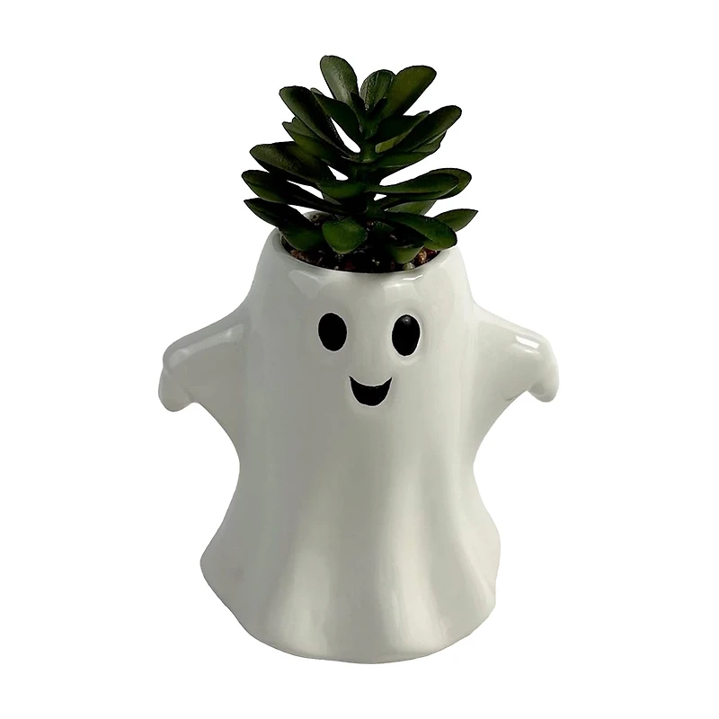 Halloween Artificial Green Succulent in Ghost Ceramic Planter, 6 in