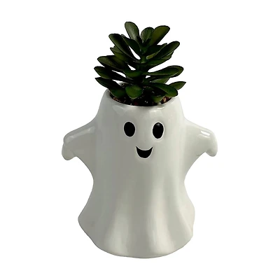 Halloween Artificial Green Succulent in Ghost Ceramic Planter, 6 in