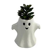 Halloween Artificial Green Succulent in Ghost Ceramic Planter, 6 in