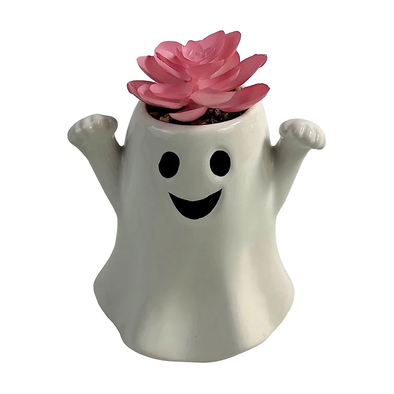 Halloween Artificial Pink Succulent in Ghost Ceramic Planter