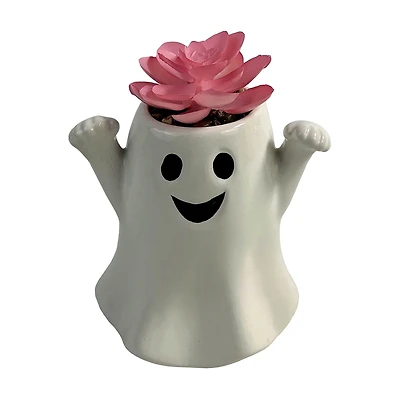 Halloween Artificial Pink Succulent in Ghost Ceramic Planter