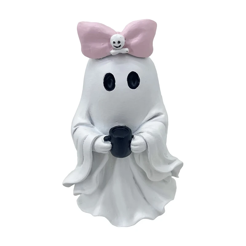 Halloween Ghost with Coffee & Pink Bow, 6 in