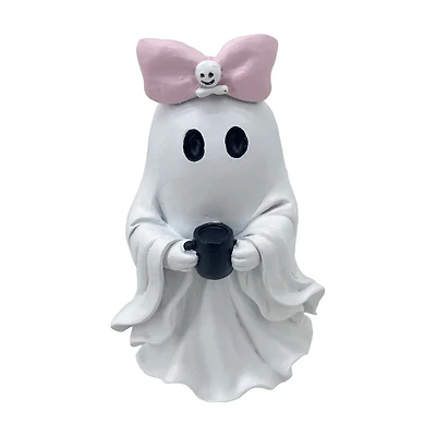 Halloween Ghost with Coffee & Pink Bow, 6 in