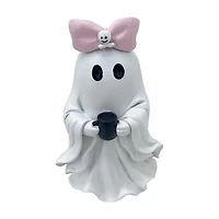 Halloween Ghost with Coffee & Pink Bow, 6 in