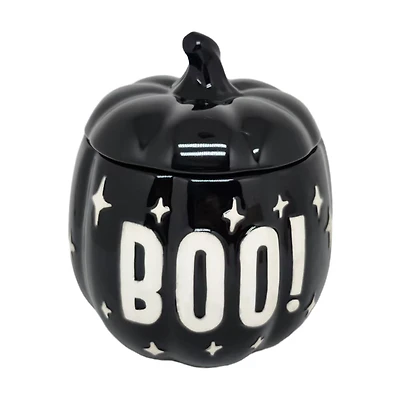 Halloween Black and White Pumpkin-Shaped Ceramic Boo Jar, 5.5x5.5x6 in