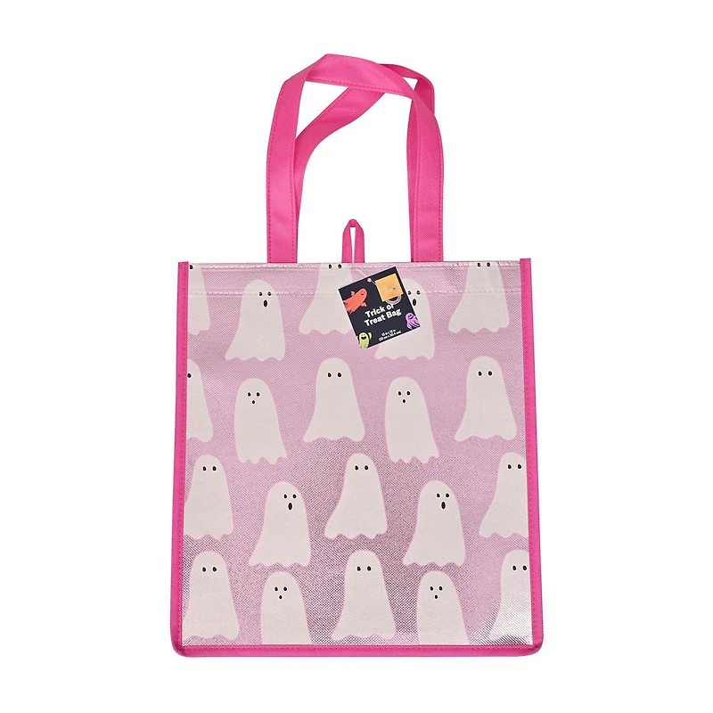 Halloween Pink Ghost Print Reflective Trick or Treat Bag, 13x12 in