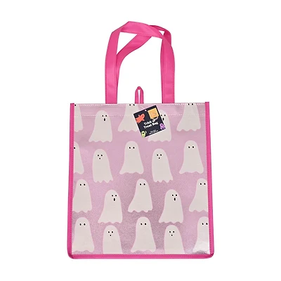 Halloween Pink Ghost Print Reflective Trick or Treat Bag, 13x12 in