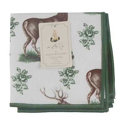 Holly Williams Green Deer Print Dishcloth Set, 12 in x 12 in, 2 pack