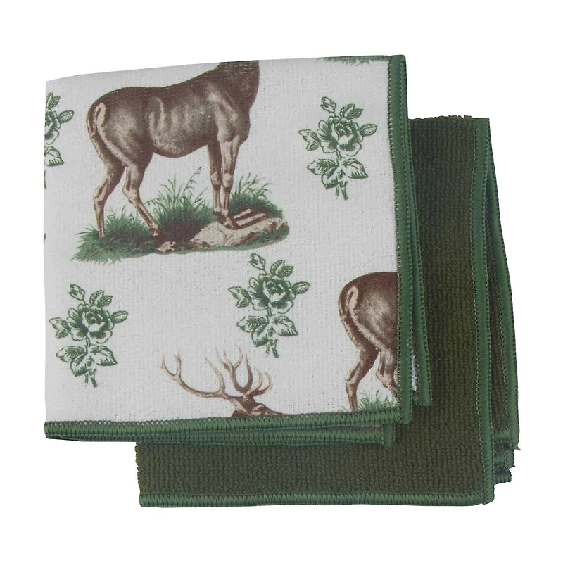 Holly Williams Green Deer Print Dishcloth Set, 12 in x 12 in, 2 pack