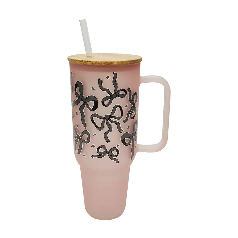 Halloween Frosted Pink Glass Tumbler with Black Bow, 40 fl oz