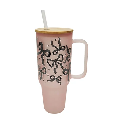 Halloween Frosted Pink Glass Tumbler with Black Bow, 40 fl oz