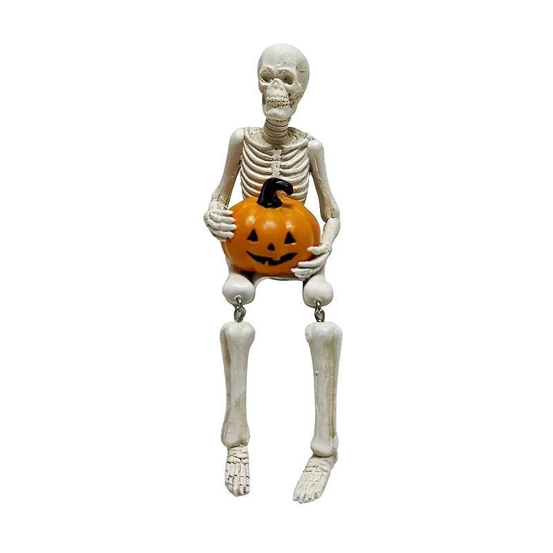Seated Skeleton with Dangle Legs and Pumpkin, 12 in