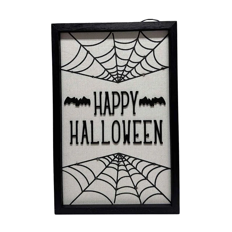 Light-Up Happy Halloween Spiderweb Sign, 12x18 in