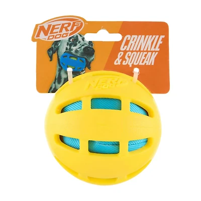 Nerf Yellow & Blue Crunch Squeaker Ball Dog Toy