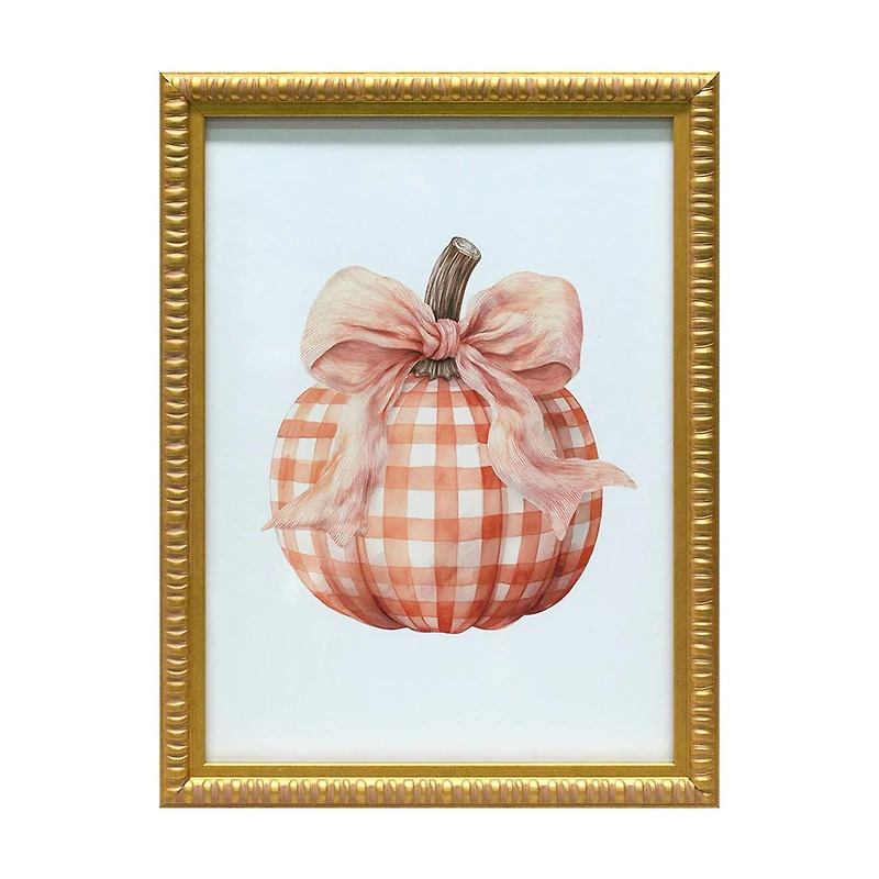 Fall Plaid Pumpkin Glass Art with Gold Frame, 12x16 in