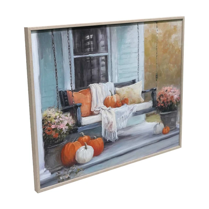 Fall Harvest Hand-Painted Pumpkin Swing Wood Grain Frame Canvas, 16x20 in