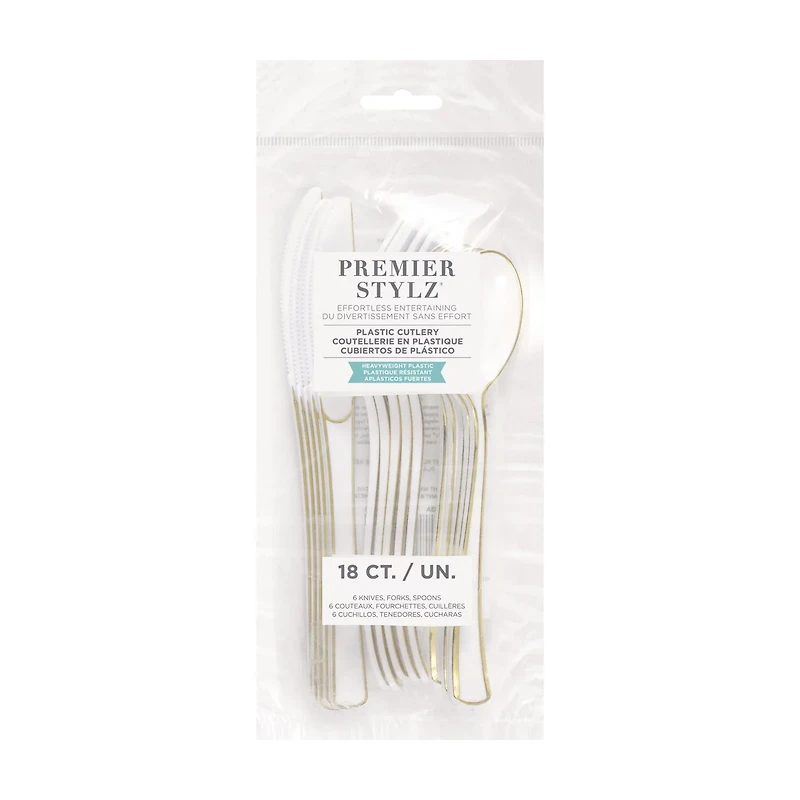 Premier Stylz White & Gold Plastic Cutlery, 18 ct
