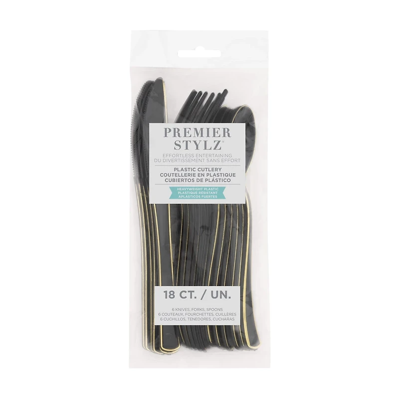 Premier Stylz Black/Gold Plastic Cutlery, 18 ct