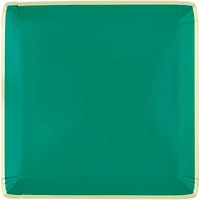 Green with Gold Trim Square Paper Plates, 7 in, 8 ct