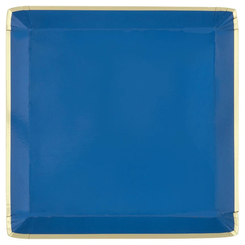 Blue with Gold Trim Square Paper Plates, 7 in, 8 ct
