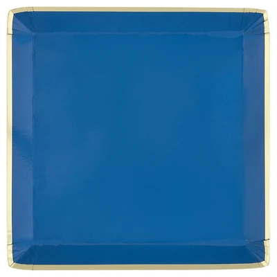 Blue with Gold Trim Square Paper Plates, 7 in, 8 ct