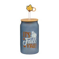 Harvest It's Fall Y'all Frosted Bue Tumbler with Wooden Lid & Leaf Straw Cover, 16 oz