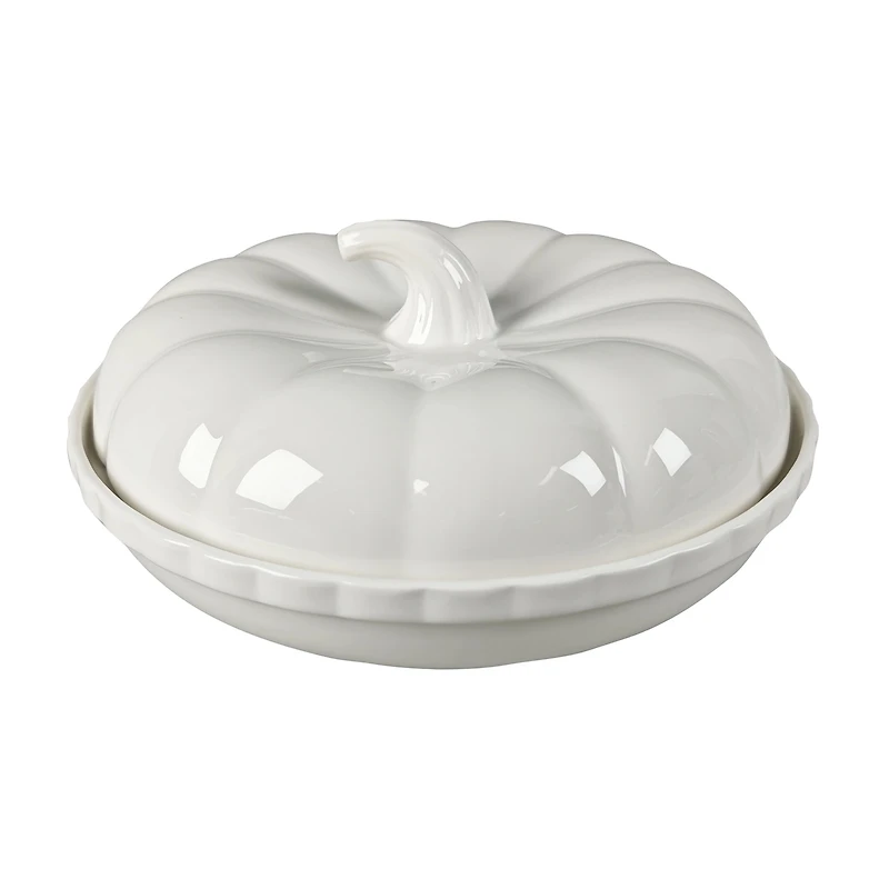 White Ceramic Pumpkin Shape Pie Holder With Lid