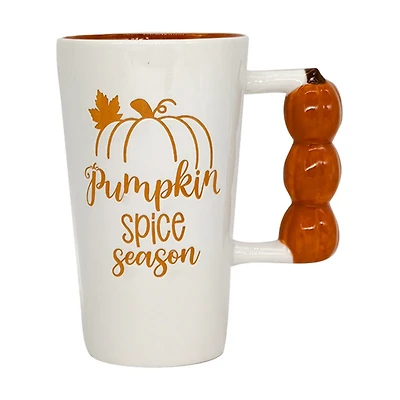 Harvest White and Orange Ceramic Tall Latte Mug with Pumpkin Handle