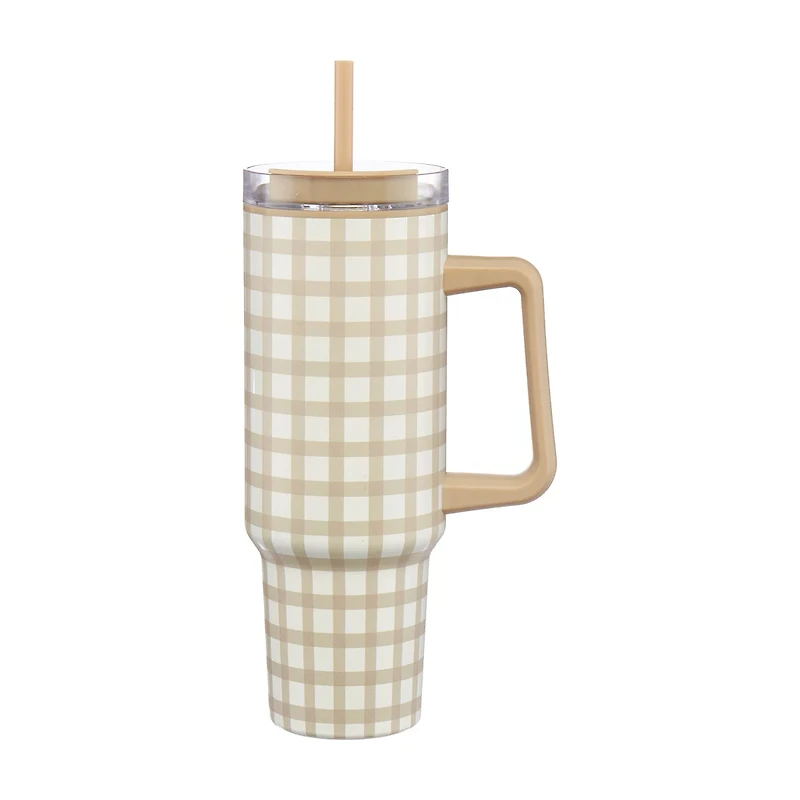 Harvest Tan & White Checkered Pattern Tumbler with Handle, 40 oz