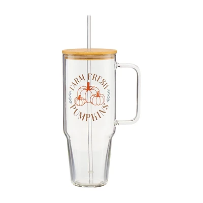 Harvest Farm Fresh Pumpkins Glass Tumbler with Handle, 47 oz
