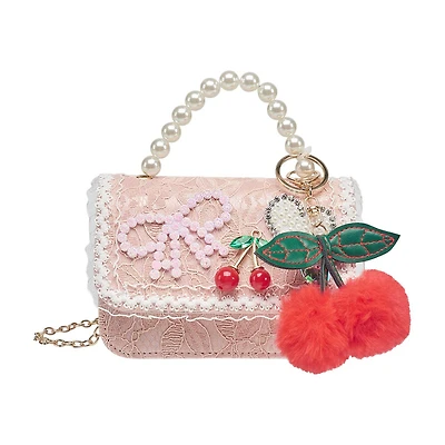 Willow & Ruby Kids Pink Lace Mini Crossbody Bag with Pearl-Like Handle & Cherry Charm