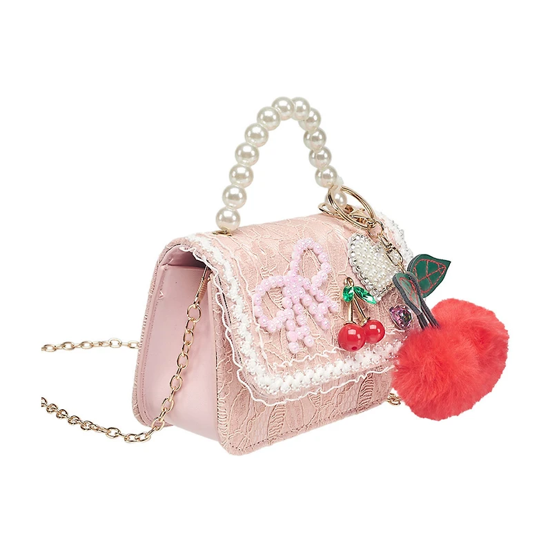 Willow & Ruby Kids Pink Lace Mini Crossbody Bag with Pearl-Like Handle & Cherry Charm