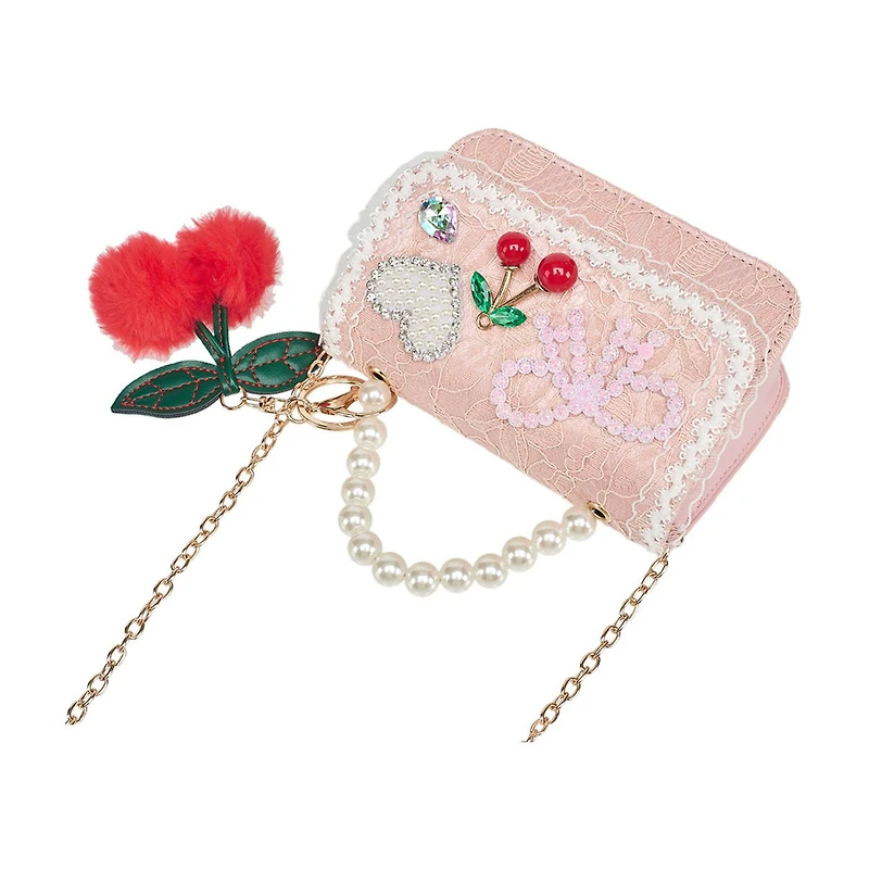 Willow & Ruby Kids Pink Lace Mini Crossbody Bag with Pearl-Like Handle & Cherry Charm