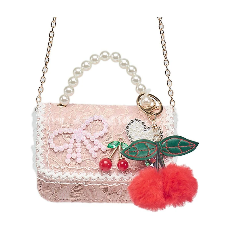 Willow & Ruby Kids Pink Lace Mini Crossbody Bag with Pearl-Like Handle & Cherry Charm