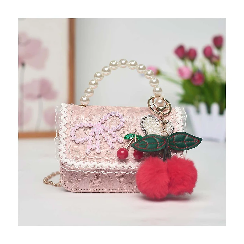 Willow & Ruby Kids Pink Lace Mini Crossbody Bag with Pearl-Like Handle & Cherry Charm